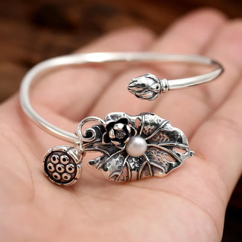 Bracelets & Bangles 925 Sterling Silver Jewelry Lotus Leaf Bracelet With Natural Pearl Cuff Bracelets For Women Bracelets & Bangles 925 Sterling Silver Jewelry Lotus Leaf Bracelet With Natural Pearl Cuff Bracelets For Women