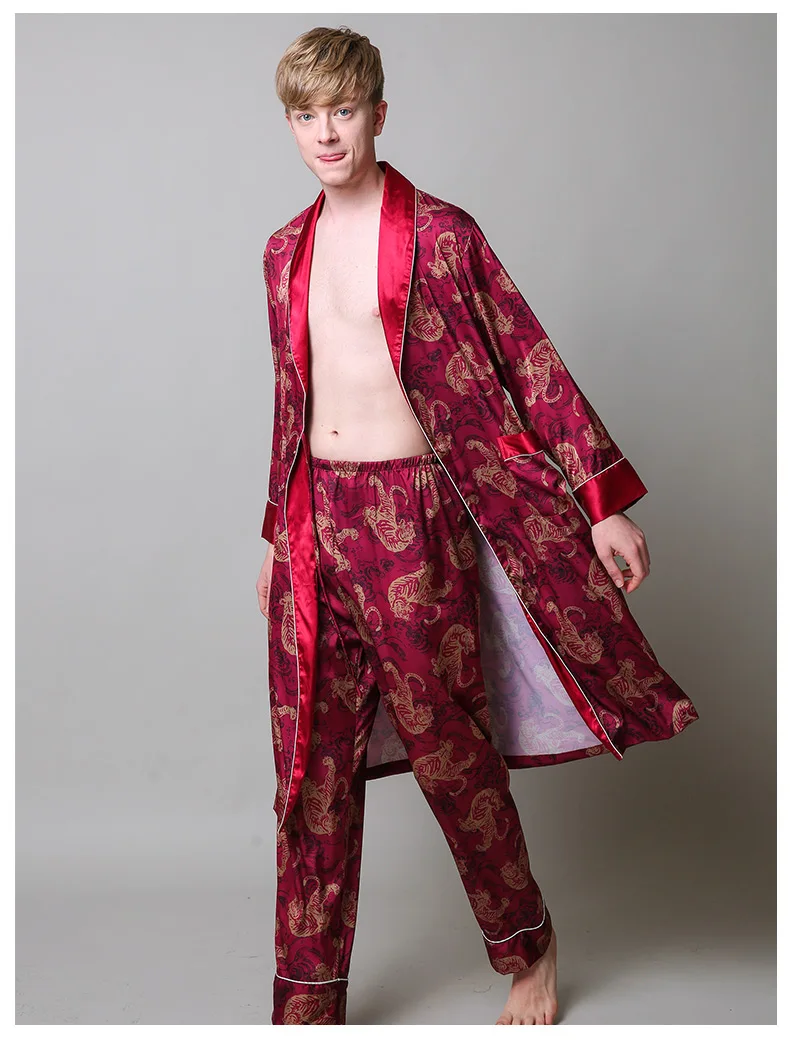 Two-Pieces Silk Nightgown Satin male Sleepwear Loose Tiger Dress Silky Long Sleeve Robe and Long Pants bathrobe set for Men mens pjs