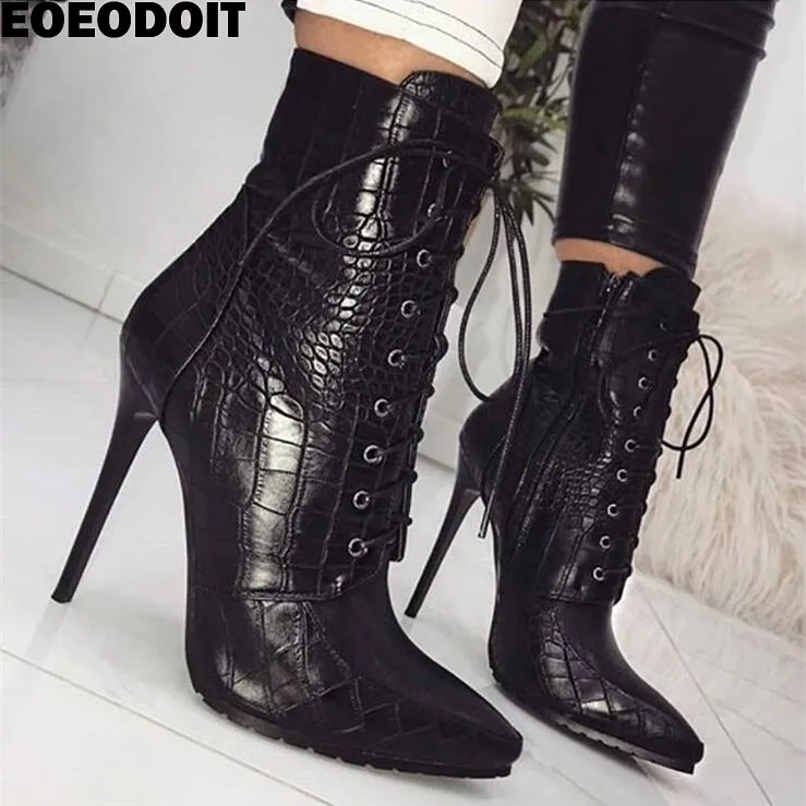 

EOEODOIT Spring Autumn Women High Stiletto Heels Boots Sexy Vogue Pointy Toe Lace Up Serpentine Leather Pumps Zip Bootie 12 cm