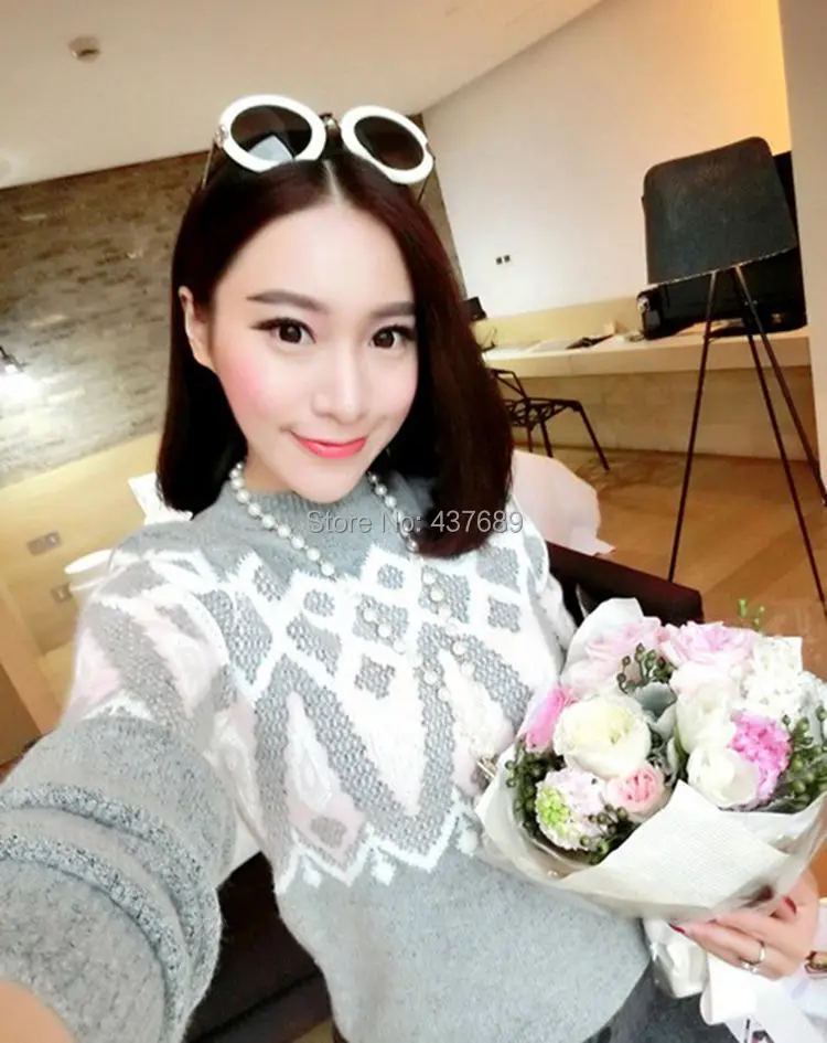 Free shipping women autumn winter fashion warm spell color prismatic geometry soft Plaid Wool Blended thicker sweater