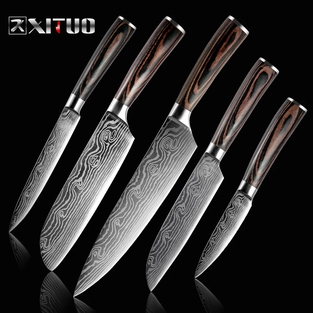 Preise XITUO 5 PCS Küche Messer Set Edelstahl Klingen Damaskus Laser Chef Messer Sets Santoku Utility Schäl Kochen Werkzeuge küche