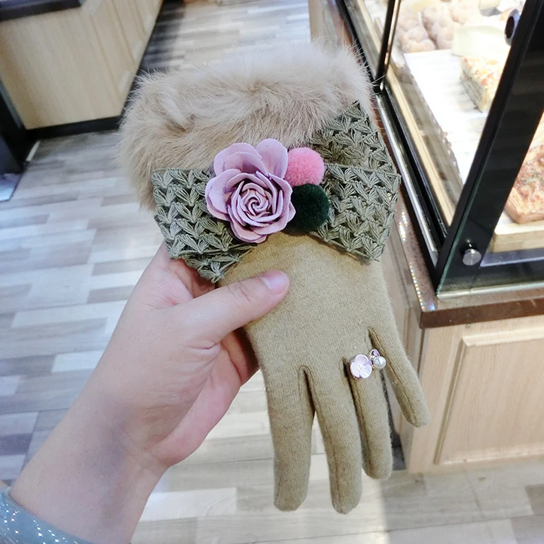 Модные женские зимние перчатки с большим бантом из кроличьей шерсти, перчатки для сенсорного экрана, женские меховые перчатки для вождения, Agb594