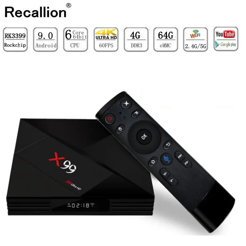 

RECALLION Android 9.0 Smart TV BOX RK3399 4G DDR3 64G EMMC ROM Set Top Box 4K 3D H.265 Wifi media player TV Receiver play store