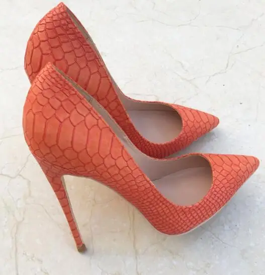 BONJEAN Orange Snakeskin Leather High Heel Shoes Pointed Toe Woman Sexy Pumps 12cm/10cm Heels Party Dress Shoes