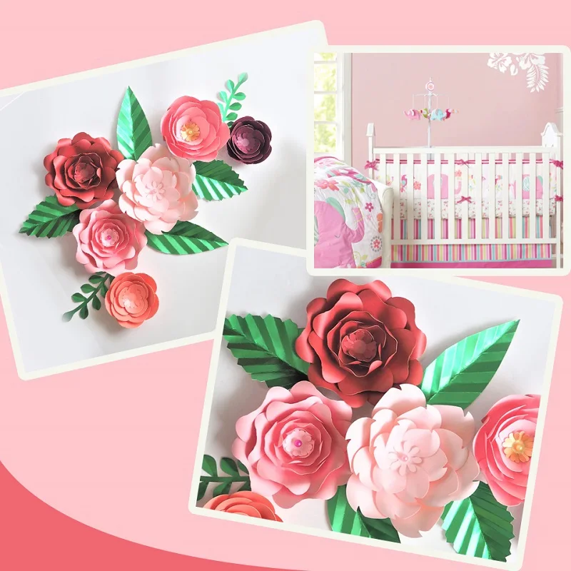 

DIY Paper Flowers Leaves Set Red Pink Burgundy Wall Floral For Baby Girl Nursery Wall Art Kids Room Decoration Baby Room Decor