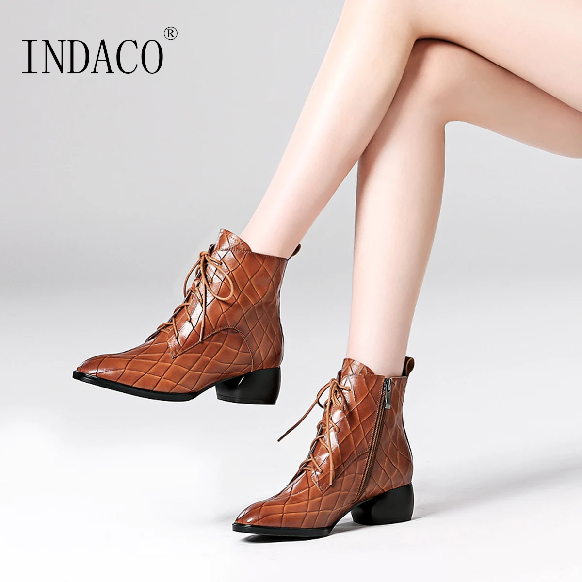 

Winter Boots Women Leather Black Brown Martin Shoes Lace Up Mid High Heel Shoes Botas Mujer 4cm
