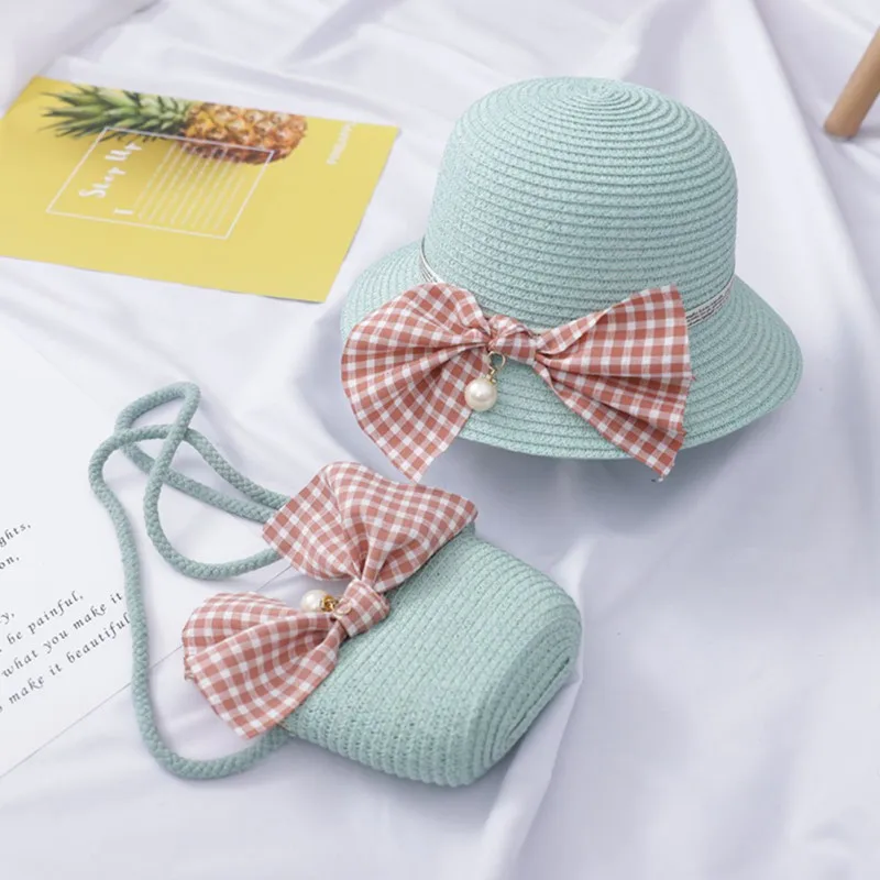 

Summer Cute Beach Bowknot Straw Sun Cap And Handbag Pearl Decoration 2pcs For Kids Girls 4-8Y Lovely Toddler Girl Wavy Hat