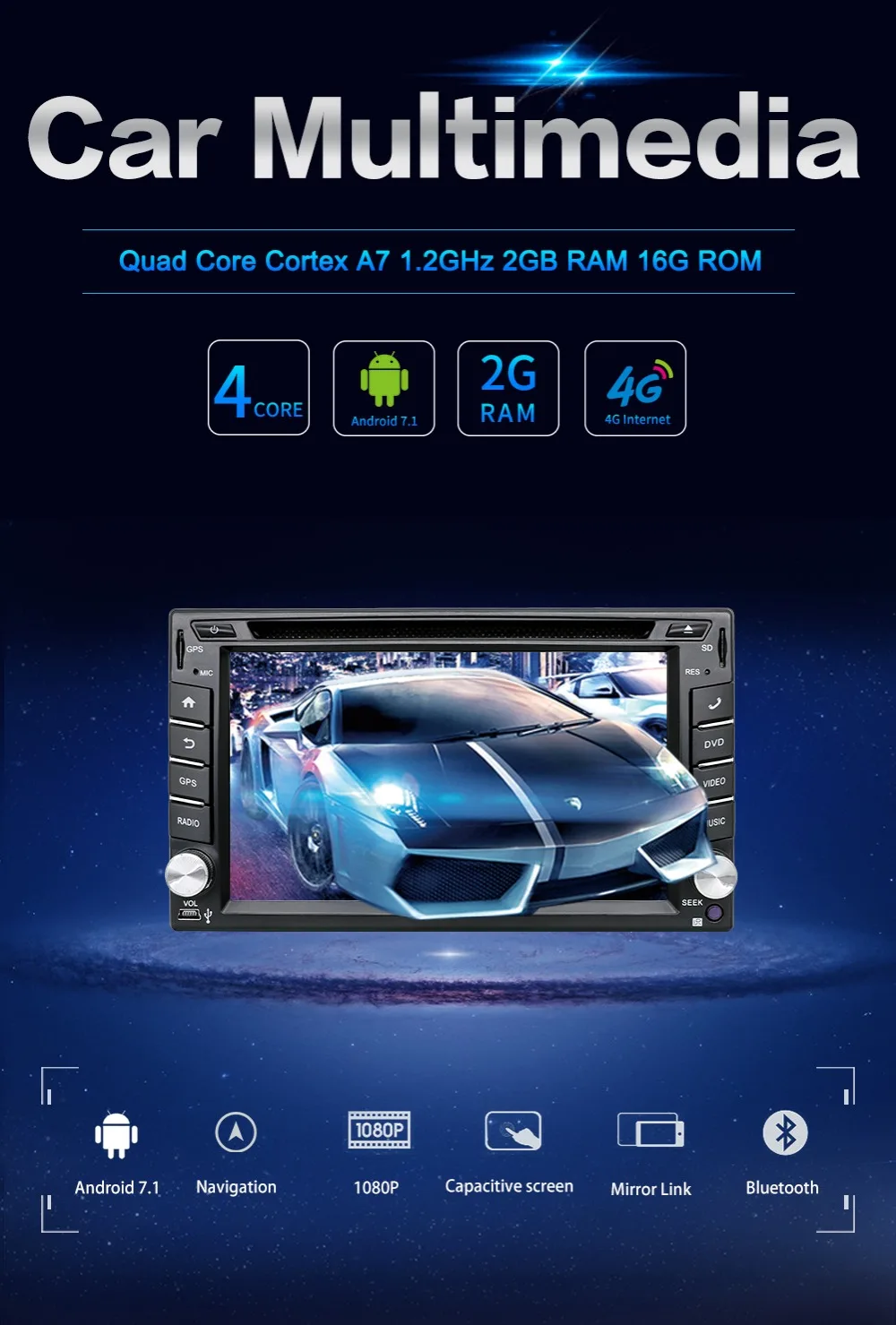 Sale Quad Core 2 din android 7.1 2din radio tape recorder Car DVD Player GPS Navigation In dash steering wheel wifi usb SD mirror BT 2