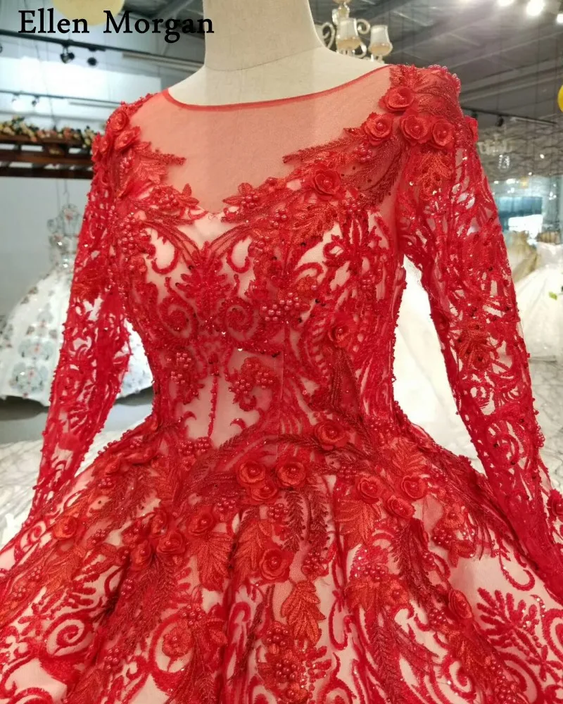 Красные кружевные вечерние, свадебные платья с одежда с длинным рукавом 2019 Vestido De Noiva 3D цветы жемчуг Винтаж Свадебные платья «Принцесса»