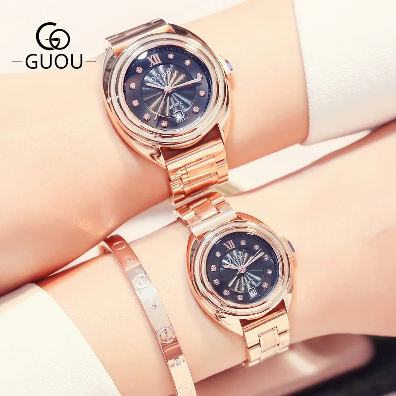 

2022 Guou New Woman Luxury Watches Top Brand Fashion Lady clock Quartz Rose Gold Stainless Steel Gift Dress Ladies Wristwatches