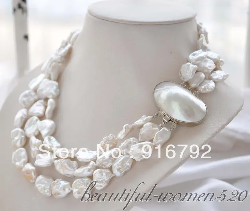 

Wholesale free shipping >>>>>3strands 19mm BAROQUE white KESHI REBORN PEARL NECKLACE mabe clasp