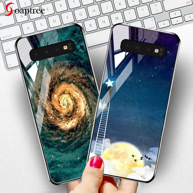 

Soaptree Tempered Glass Case For Samsung Galaxy S10 Plus S10e Cases Stars Space Silicone Back Cover for Samsung S10 Plus S10e