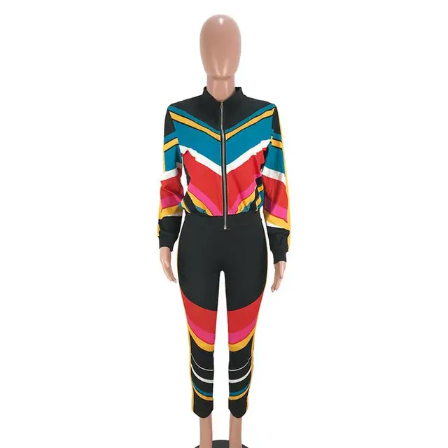 Best Offers 2 Piece Set Women Color Blocking Striped Print Piecing Sportswear Sports Suit Zipper Shirt Pants Two-Piece Suit Best Offers 2 Piece Set Women Color Blocking Striped Print Piecing Sportswear Sports Suit Zipper Shirt Pants Two-Piece Suit