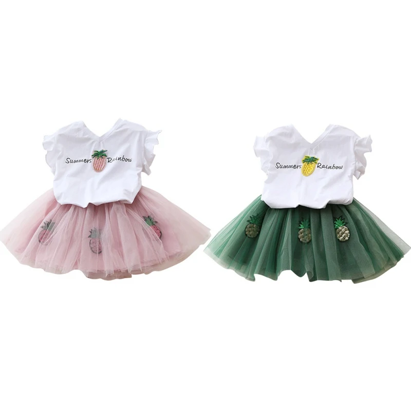 

2pcs Baby Toddler Kids Girls Party Short Sleeve Let's go to the party Tops + Mesh Ball Gown Skirt Outfits Children Girl Clothin