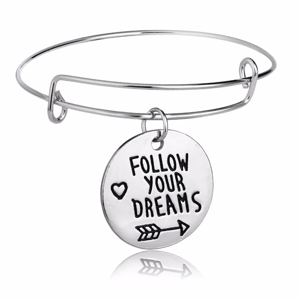 "Следуйте вашим мечтам" стрелы Шарм Подвеска-сердце расширяющийся кабель браслет с подвесками браслет из серебра, ювелирные украшения Подарки для женщин мужчин подарки