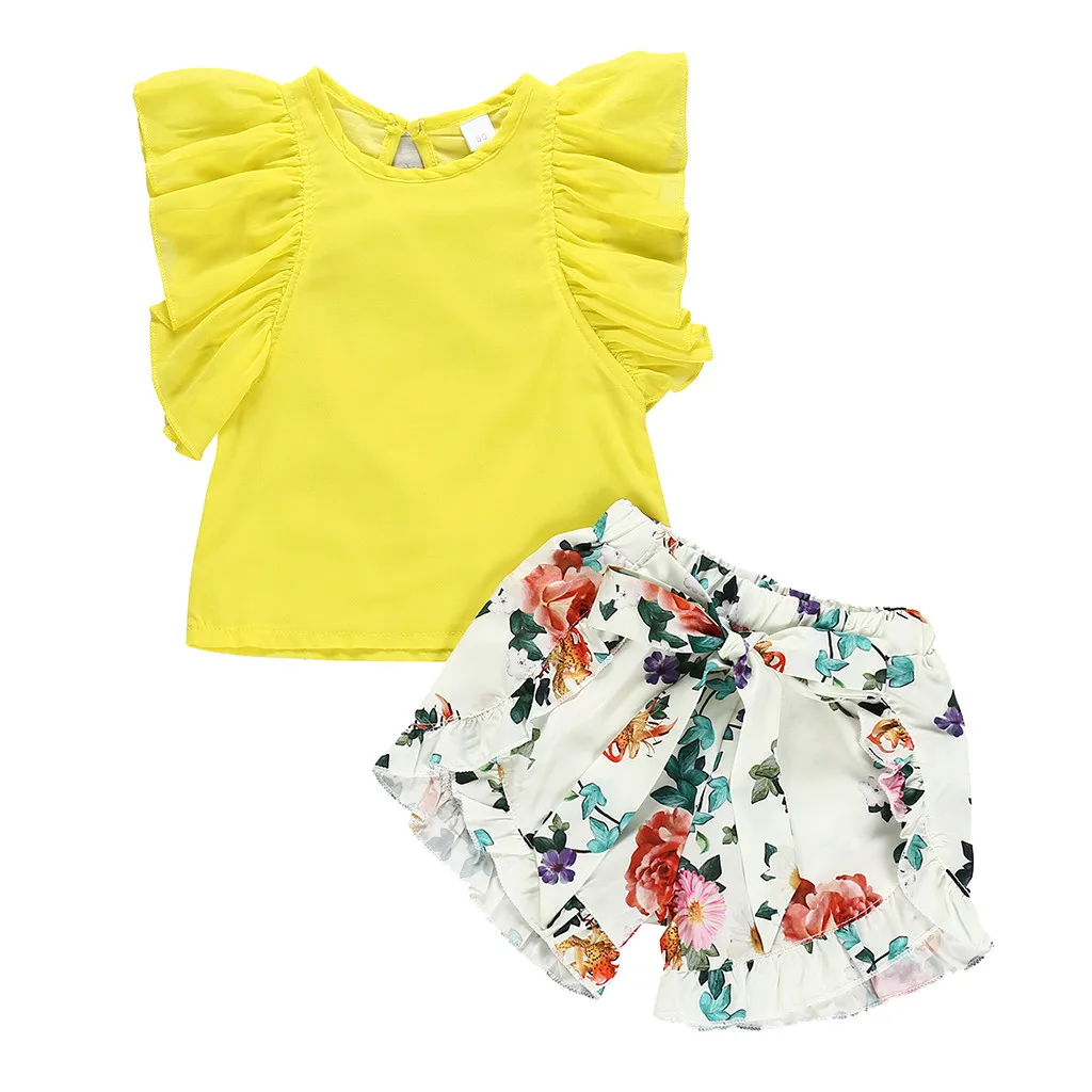 

Toddler Baby Girls Sets Sleeveless Ruffles Yellow Tops+Floral Print Shorts Child Clothes Kids Outfits 12 Months to 5 Years Suit