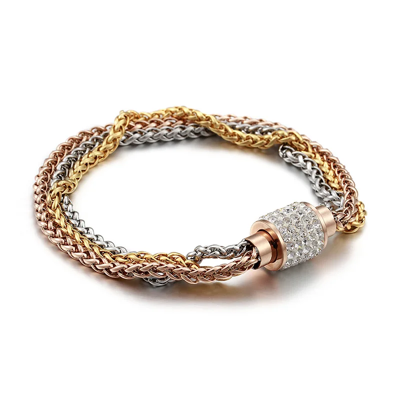 

Female Fashion 3 Chain Bracelet Silver Black Rose Gold Color Stainless Steel Chain Magnetic Clasp Rhinestone Bracelet for Women