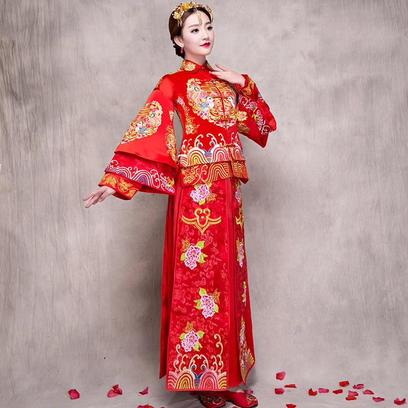 Красный китайский Свадебные Cheongsam традиционный Стиль жениться вечернее платье Вышивка Длинные Qipao Женская Костюмы Размеры S-XXXL