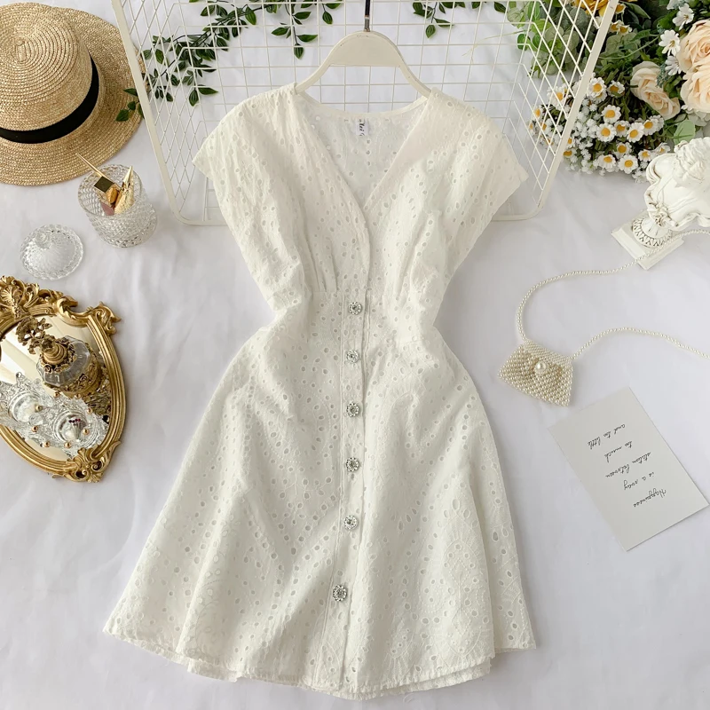 

2019 new fashion women's dresses Summer temperament V-neck French openwork dress