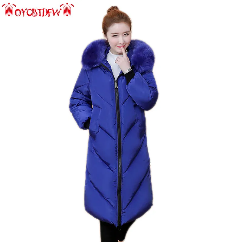 

Winter women feather cotton jacket 2018 fashion new solid color Plus size mid-long hooded fur collar warm female outerwear ll839