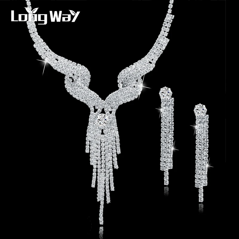 LongWay 2016 New Arrival Silver Jewellery Set Luxury Women Bridal Jewelry Sets Crystal Long Necklace/Earrings Set SET150011