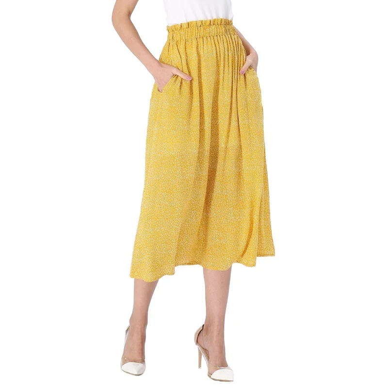 

Vfemage Womens Summer Ruffle Elastic High Waist Pockets Floral Dot Print Pleated Casual Party Flare Skater A-Line Midi Skirt 052