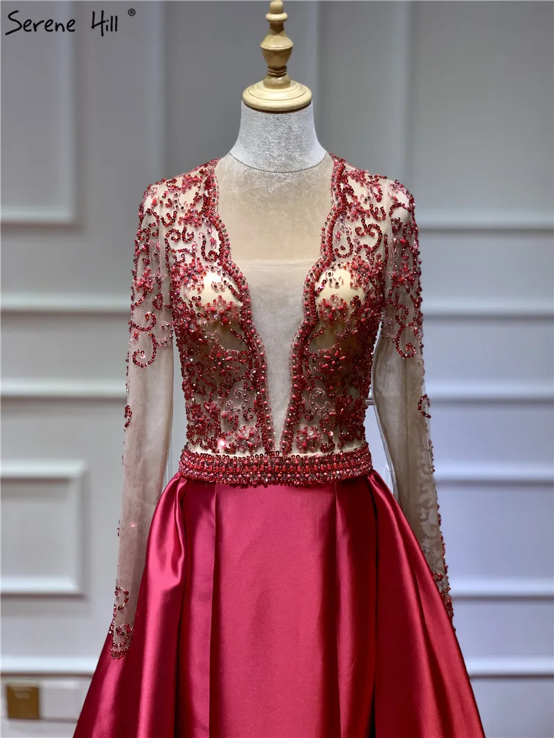Розовое красное сатиновое вечернее платье с длинными рукавами и жемчужинами, с глубоким v-образным вырезом, сексуальные модные вечерние