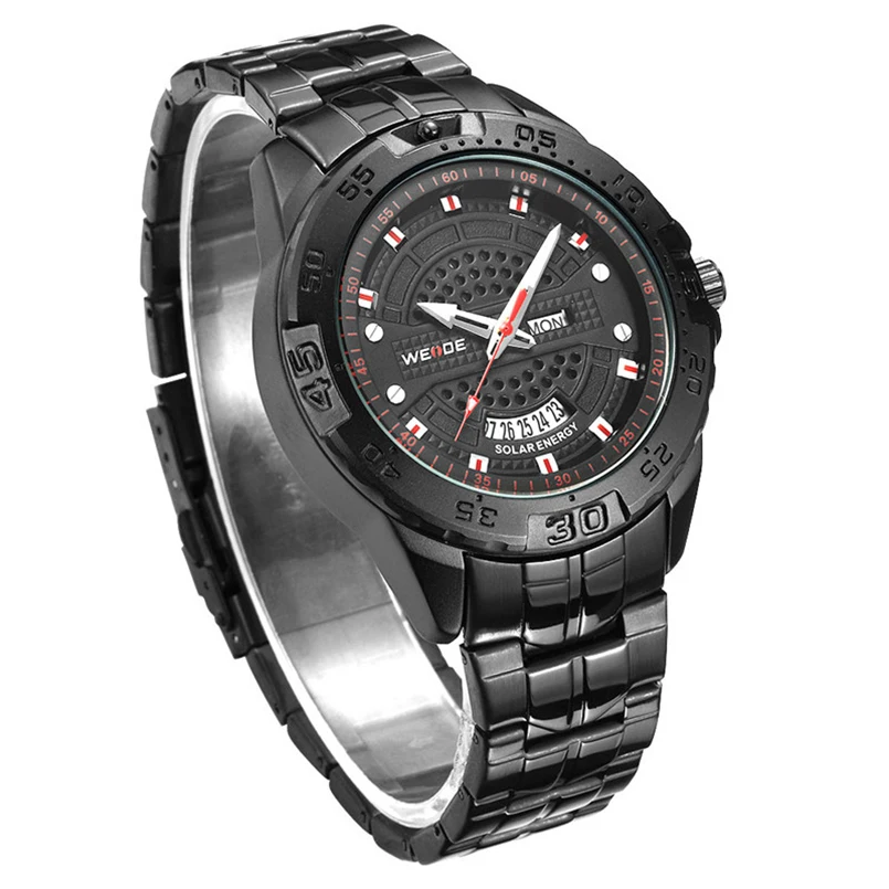 WEIDE Fashion Men Sport Casual Business Watches Solar Energy Date Calendar Analog Digital Stainless Steel Band Wristwatch Alarm 