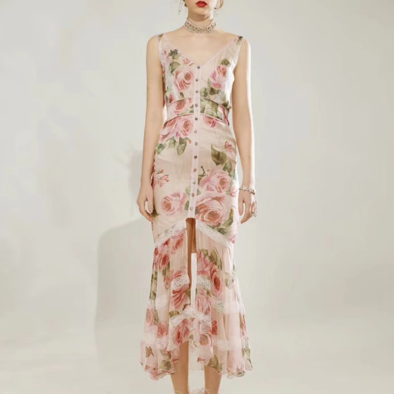 

Summer Designer Runway Dress 2019 Women Elegant Butterfly And Floral Printed Irregular Mermaid Dress Lace Patchwork Long Dress