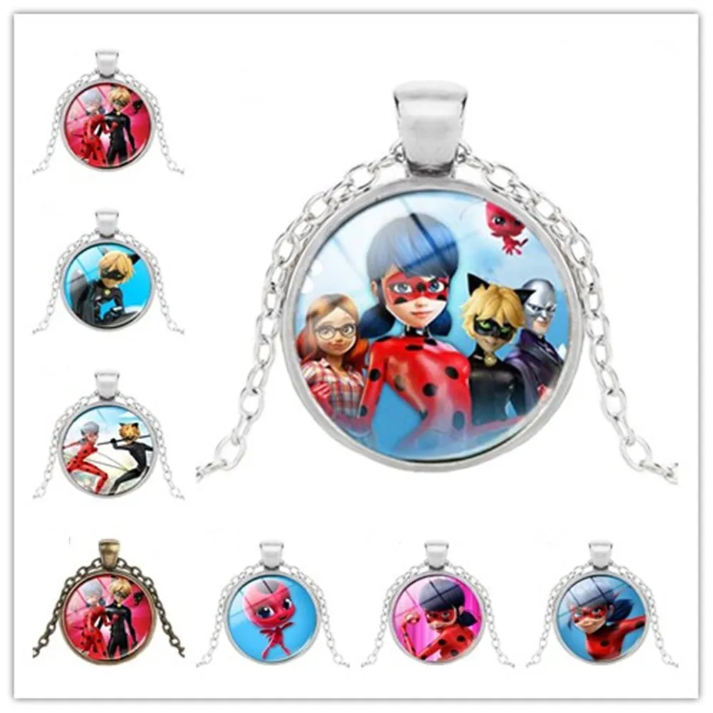 

New cartoon ladybug fashion picture pendant necklace jewelry 25mm glass dome long chain children's necklace