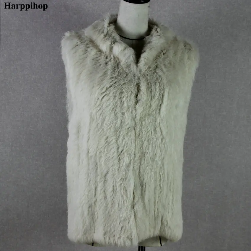 Для женщин трикотажные с натуральным кроличьим мехом жилет пуловер Solid Женская мода теплое пальто