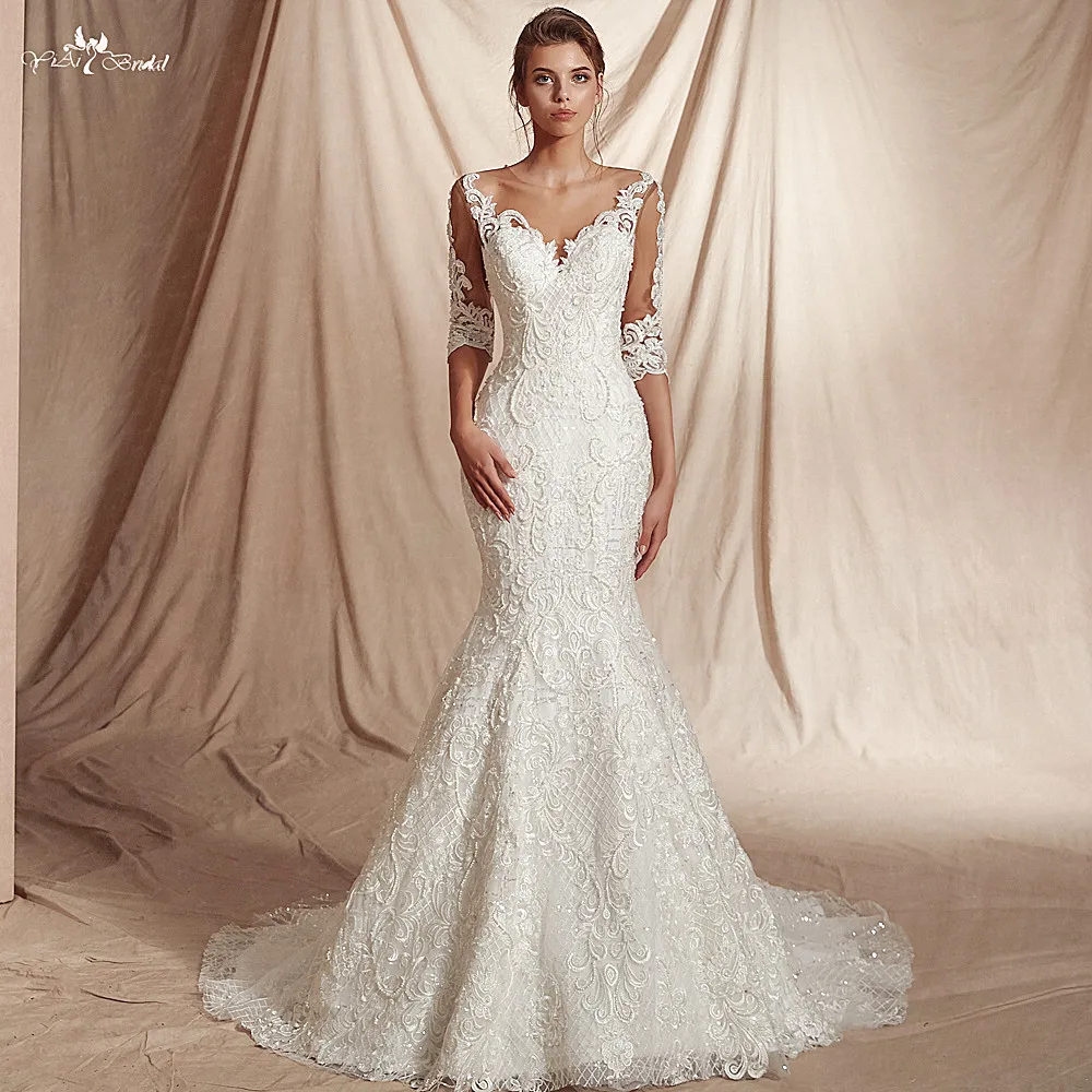 

RSW1478 New Arrival Real Job Luxury Sequin Lattice Shine Glitters Fabric 3/4 Sleeves Mermaid Wedding Dress
