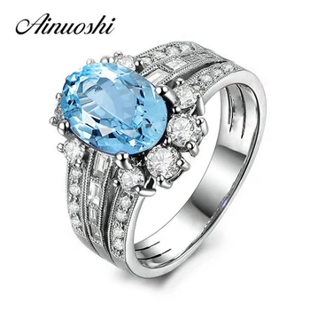 

AINUOSHI 2 Carat Oval Natural Topaz Halo Ring Oval Cut Natural Blue Topaz Rows Ring Pure 925 Sterling Silver Female Jewelry Ring