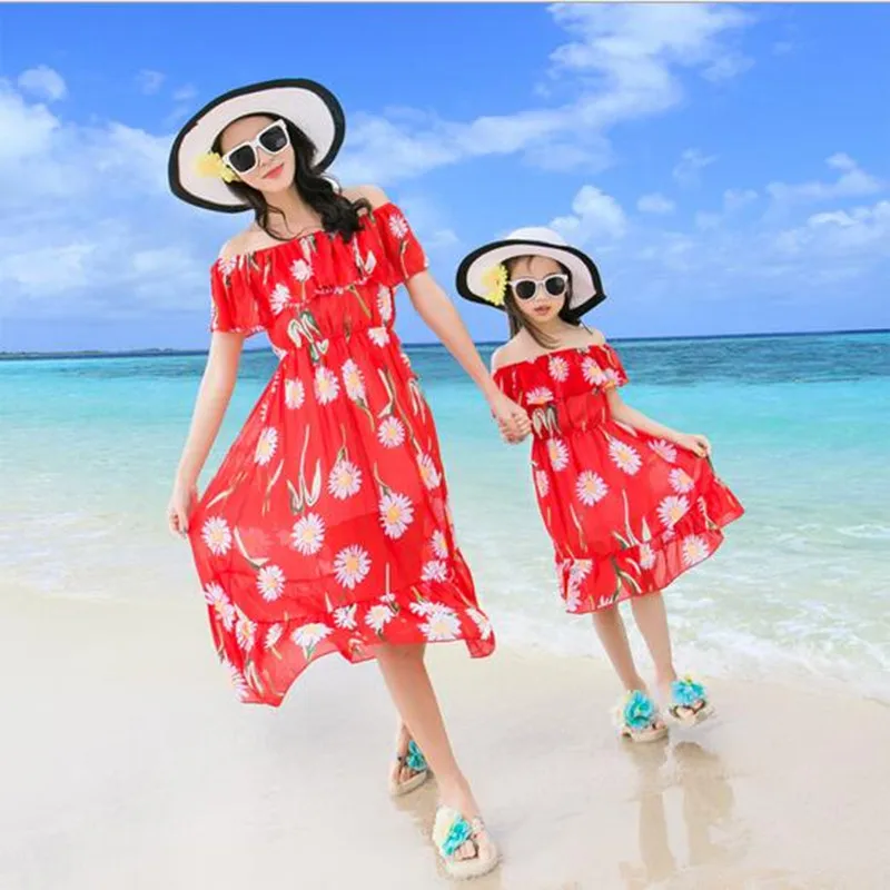 

2018 Brand Summer Family Matching Mother Daughter Print Flower Dress Clothing Set Mom And Daughter Fashion Chiffon Dress