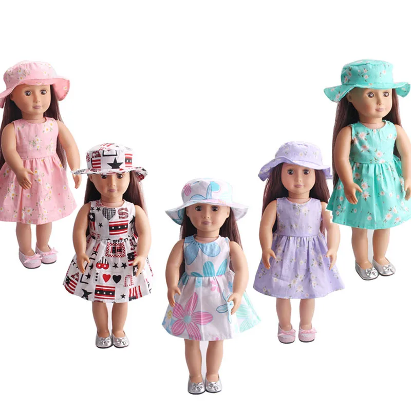 Аксессуары для кукол, новая детская одежда для 18 дюймов, юбка с цветком, платье со шляпой, кукольный костюм, модная кукольная одежда