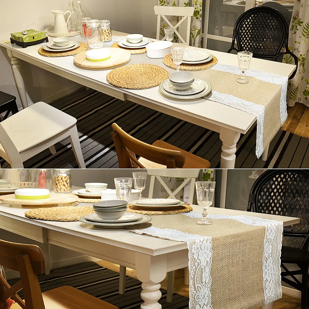 Elegant Jute Table Runner Burlap Lace Table Cloth Wedding Party home