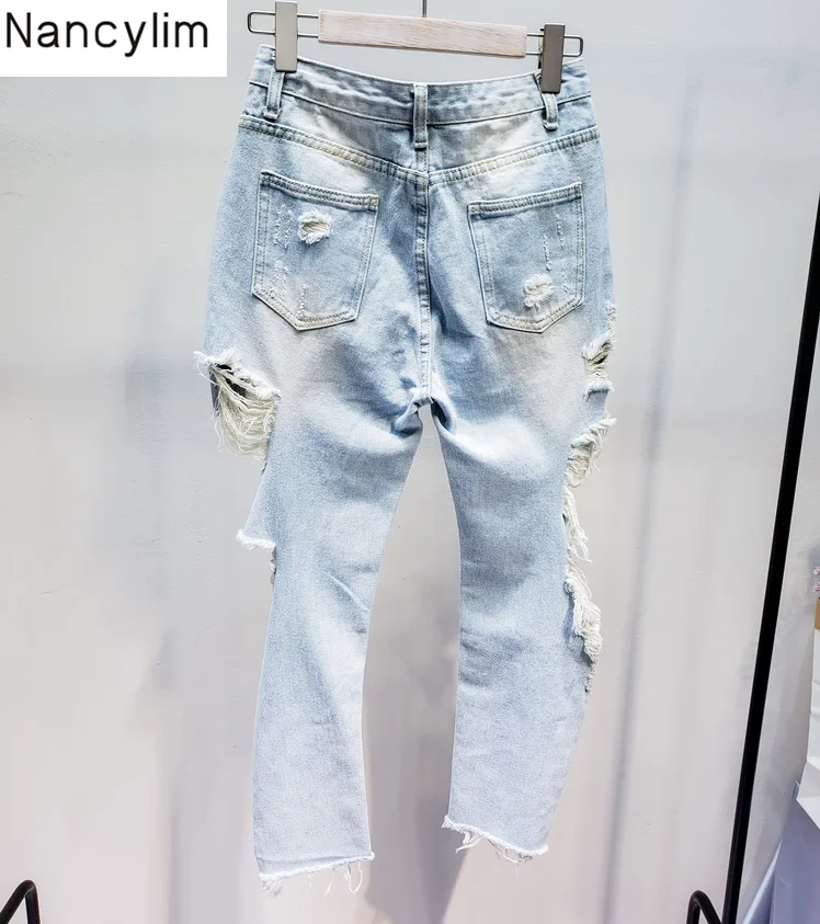 Тяжелая промышленность рваные джинсы с дырками женские с высокой талией тонкие маленькие ноги уличный стиль джинсы для девочек