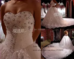 Роскошное Свадебное платье 2015 Vestidos de Noiva кружевное бальное платье Свадебные платья «горный хрусталь» корсет Назад бисер длинный шлейф