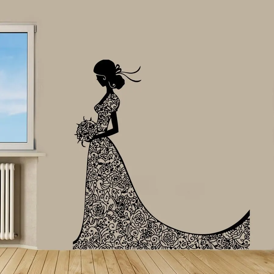 

Wall Decal Vinyl Beauty Bride Sticker Fashion Girl In Wedding Dress Beauty Salon Home House Art Decor Mural Poster Paper WW-317