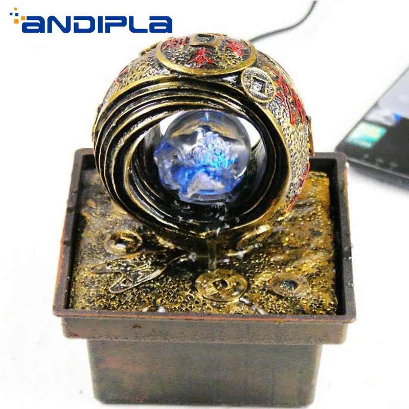 

110V-220V Creative Mini Flowing Water Fountain Desktop Ornaments Lucky Feng Shui Resin Crafts Vintage Home Decor Business Gifts