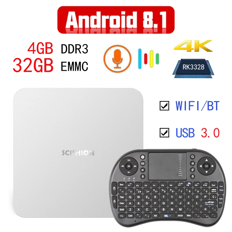 Android 8.1 TV Box AI ONE 4G/32G RK3328 Quad-Core 2.4G WiFi 100M LAN VP9 H.265 HDR10 4K USB3.0 Smart Media Player +Voice Control Android 8.1 TV Box AI ONE 4G/32G RK3328 Quad-Core 2.4G WiFi 100M LAN VP9 H.265 HDR10 4K USB3.0 Smart Media Player +Voice Control