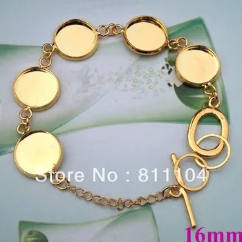 

16mm Golden tone Plated Blank Bracelet Settings Round Tray Buckle Chain Bangle Bracelet Bases Cameo Findings DIY Crafts Making