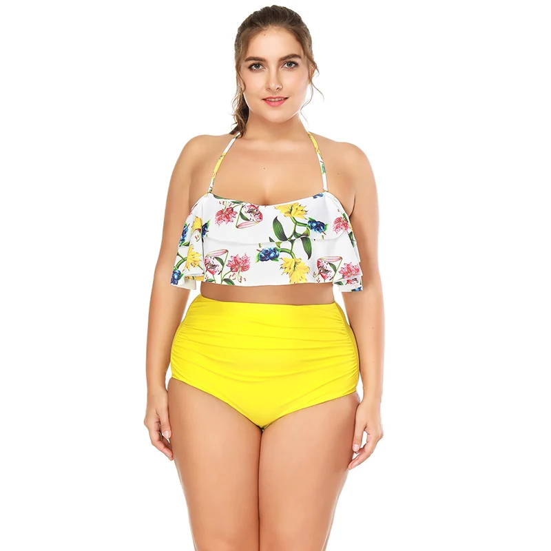 High Waist Bikini Ruffle Women Swim Bathing Suit Off Shoulder Swimwear Push Up Swimsuit Green White Beachwear Bikinis 2019 Mujer