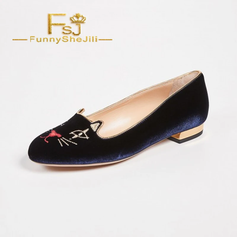 Темно-синий бархат с круглым носком милые кошки удобные элегантные туфли на плоской подошве для женщин лето осень несравненный благородный привлекательный благородный FSJ