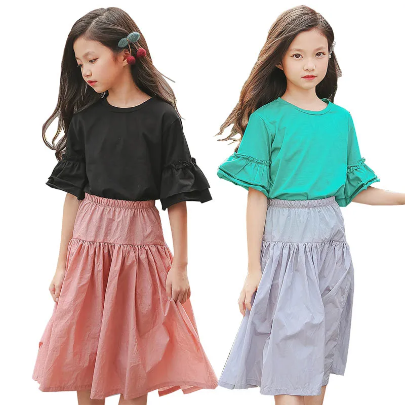 

Girls Clothing Set Summer Short Cotton Black T Shirt Skirt Suit Teenage Girls Clothes Children Clothing Kids Tracksuit Girls 8 Y