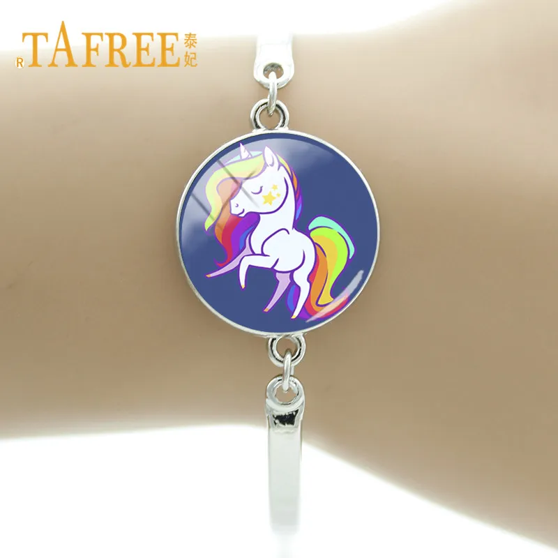 TAFREE стеклянный купол милый мультяшный Единорог Лошадь браслет серебряный цвет