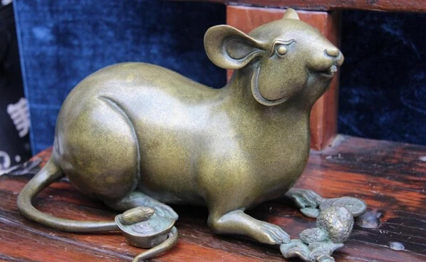 

Fast shipping USPS to USA S3325 Marked Chinese Old Pure Bronze Copper Feng Shui Wealth mice rat Mouse Art Statue