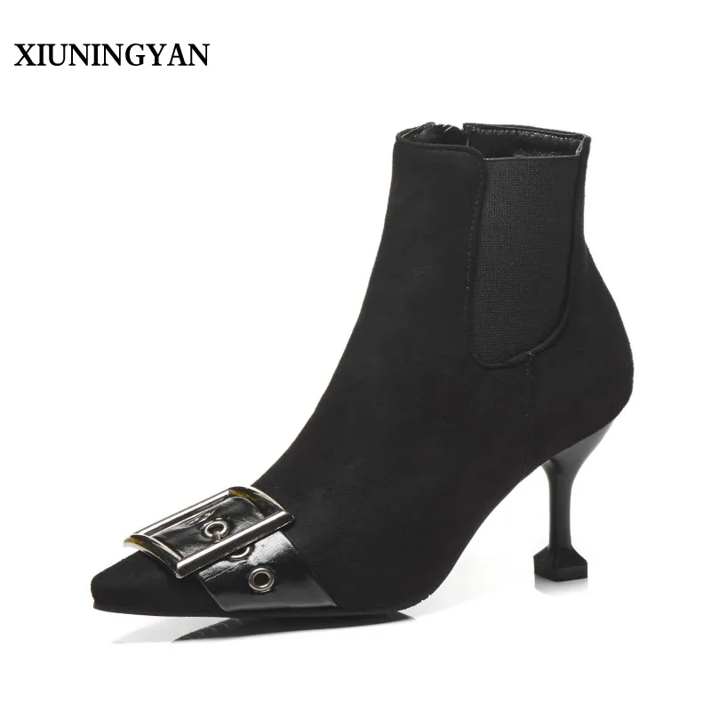 

XIUNINGYAN New Genuine Leather Women Wedding Chelsea Boots Genuine Leather Autumn Winter Boots Sweet Buckles Sexy Shoes Woman