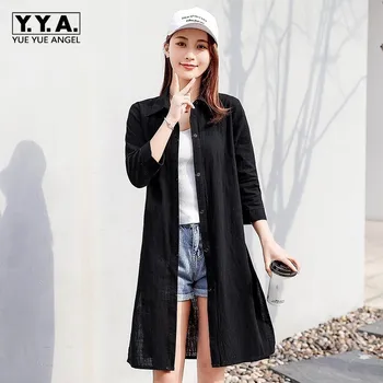 

Elegant Womens Medium Length Cotton And Linen Shirts Three Quarter Sleeve Single Breasted Lapel Female Open Stitch Plus Size 3XL