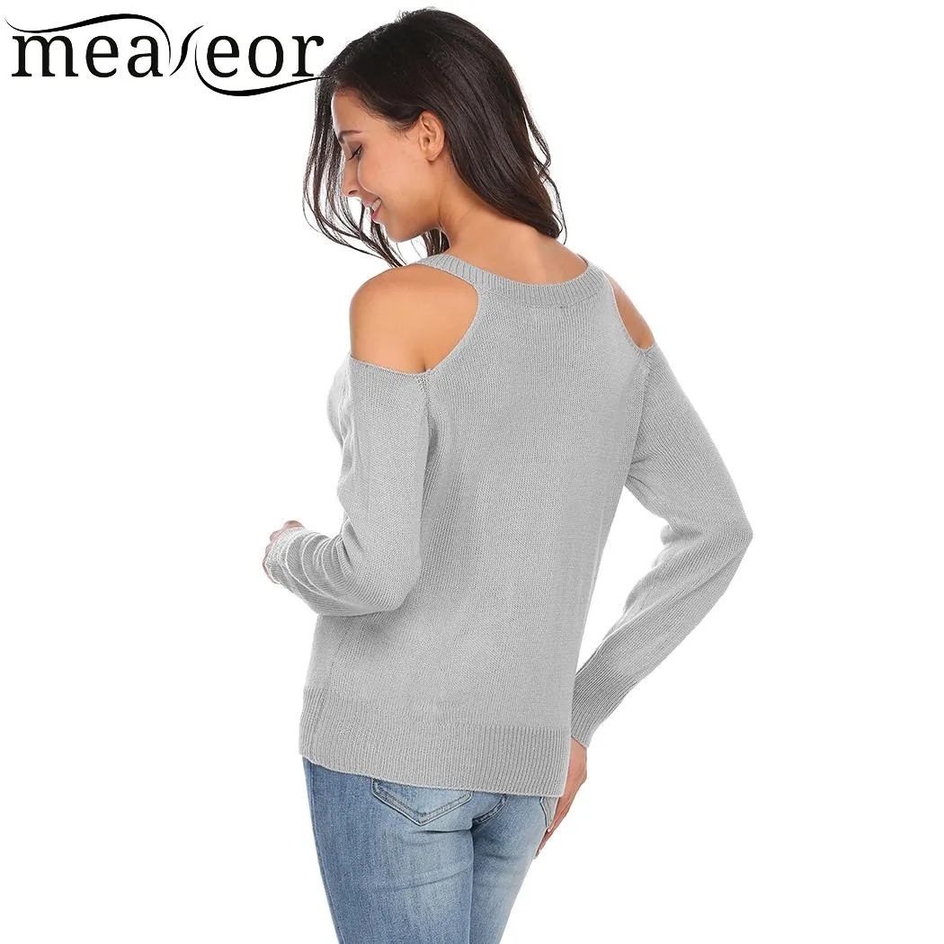 Meaneor женский свитер с v-образным вырезом и открытыми плечами, длинный рукав, однотонный Повседневный вязаный пуловер без бретелек, джемпер, свитера, теплые тонкие Топы